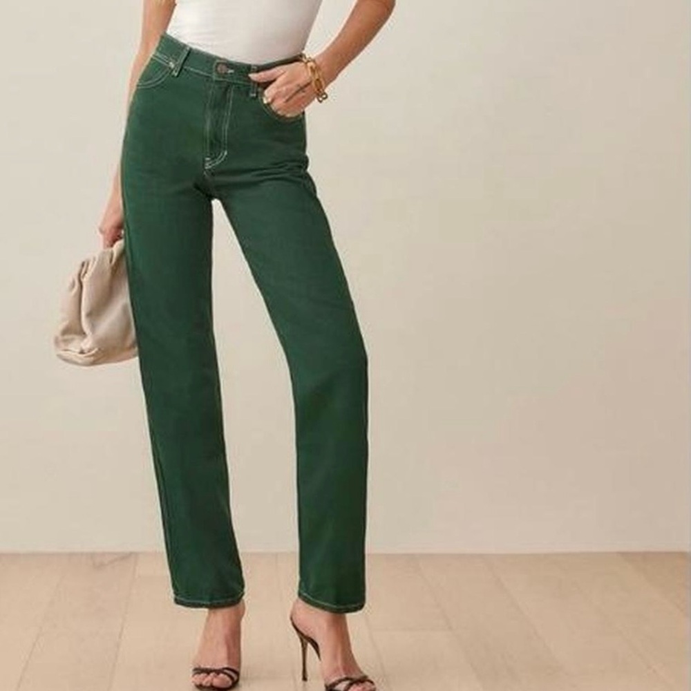 Reformation Cowboy High Rise Straight Leg Green Jeans - size 24